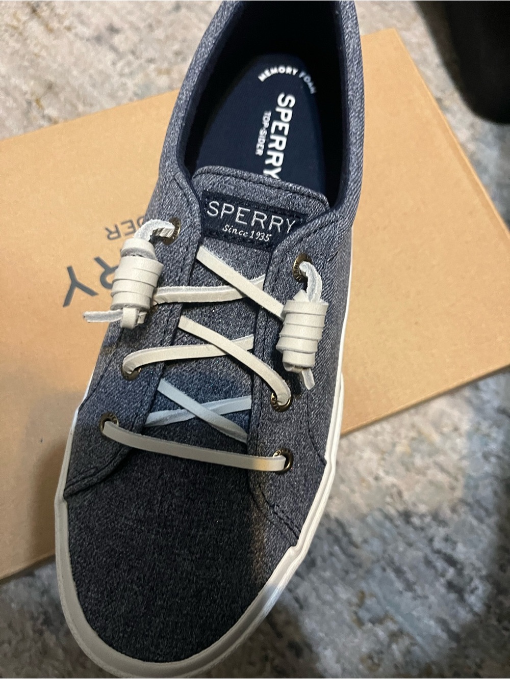 Sperry Women's Navy Canvas Slip-On Sneaker with glitter sparkles